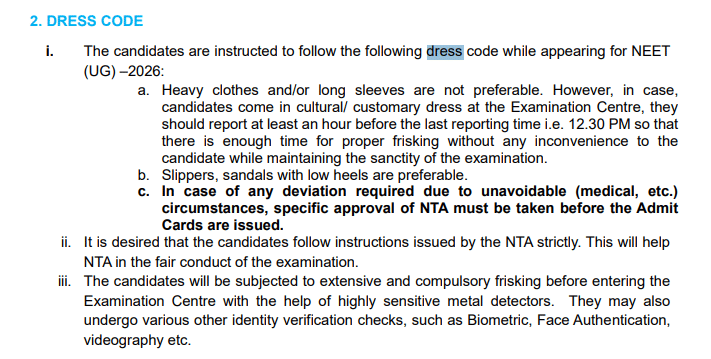 NEET Dress Code 2026 for Boys