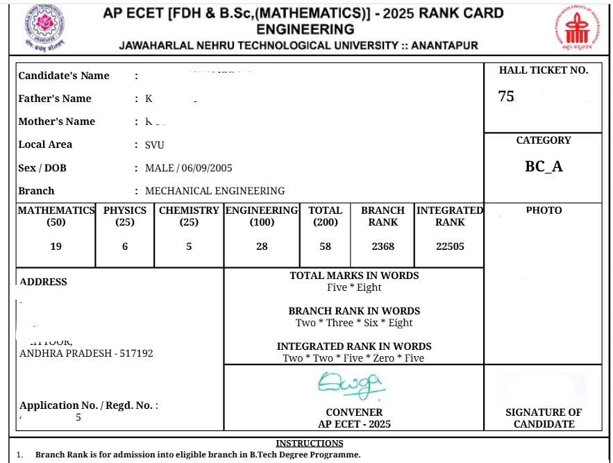 AP ECET 2027: Details Mentioned in the Rank Card