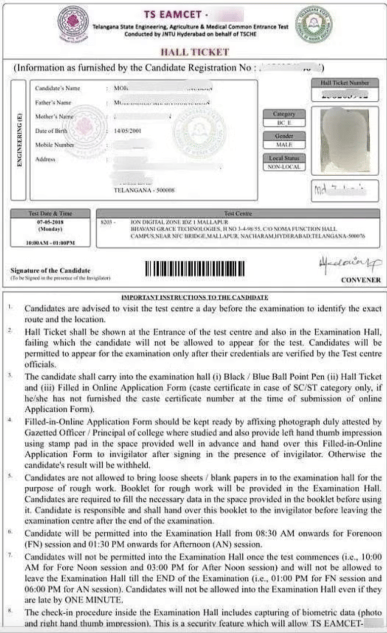 TS EAMCET Hall Ticket 2026