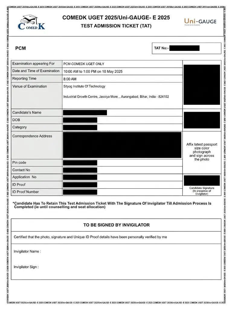 COMEDK Admit Card Sample