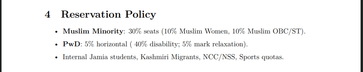 CUET Jamia Millia Islamia 2026: Reservation of Seats