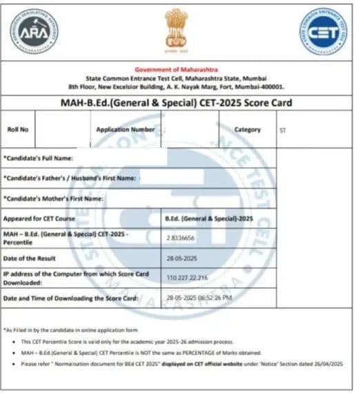 Details Mentioned on the MAH BEd CET Results 2026