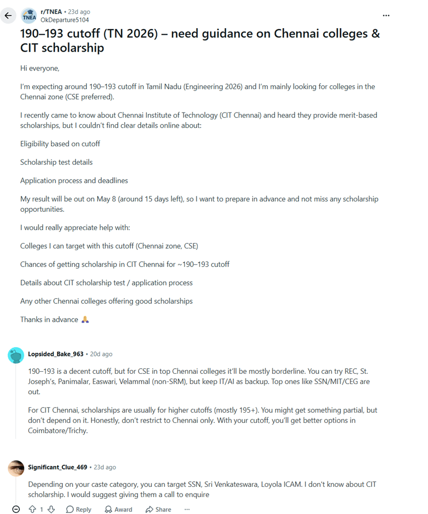 What is the Rank of TNEA for 190 Marks: Reddit Discussions