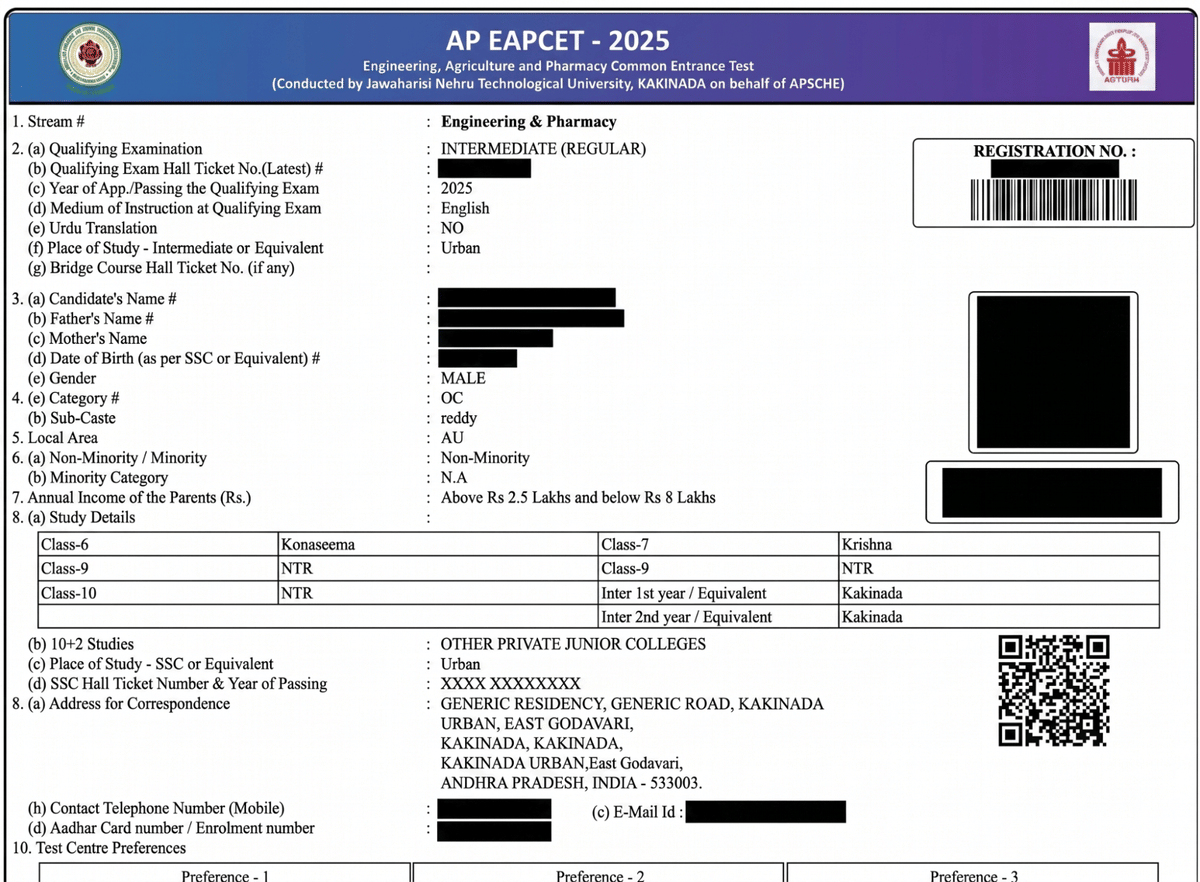 A sample image of AP EAPCET hall ticket