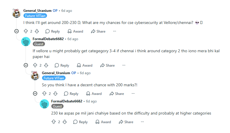 VITEEE 2026 Marks vs Rank vs Branch: Reddit Discussion