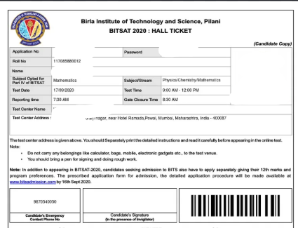Details Mentioned on BITSAT Admit Card 2027