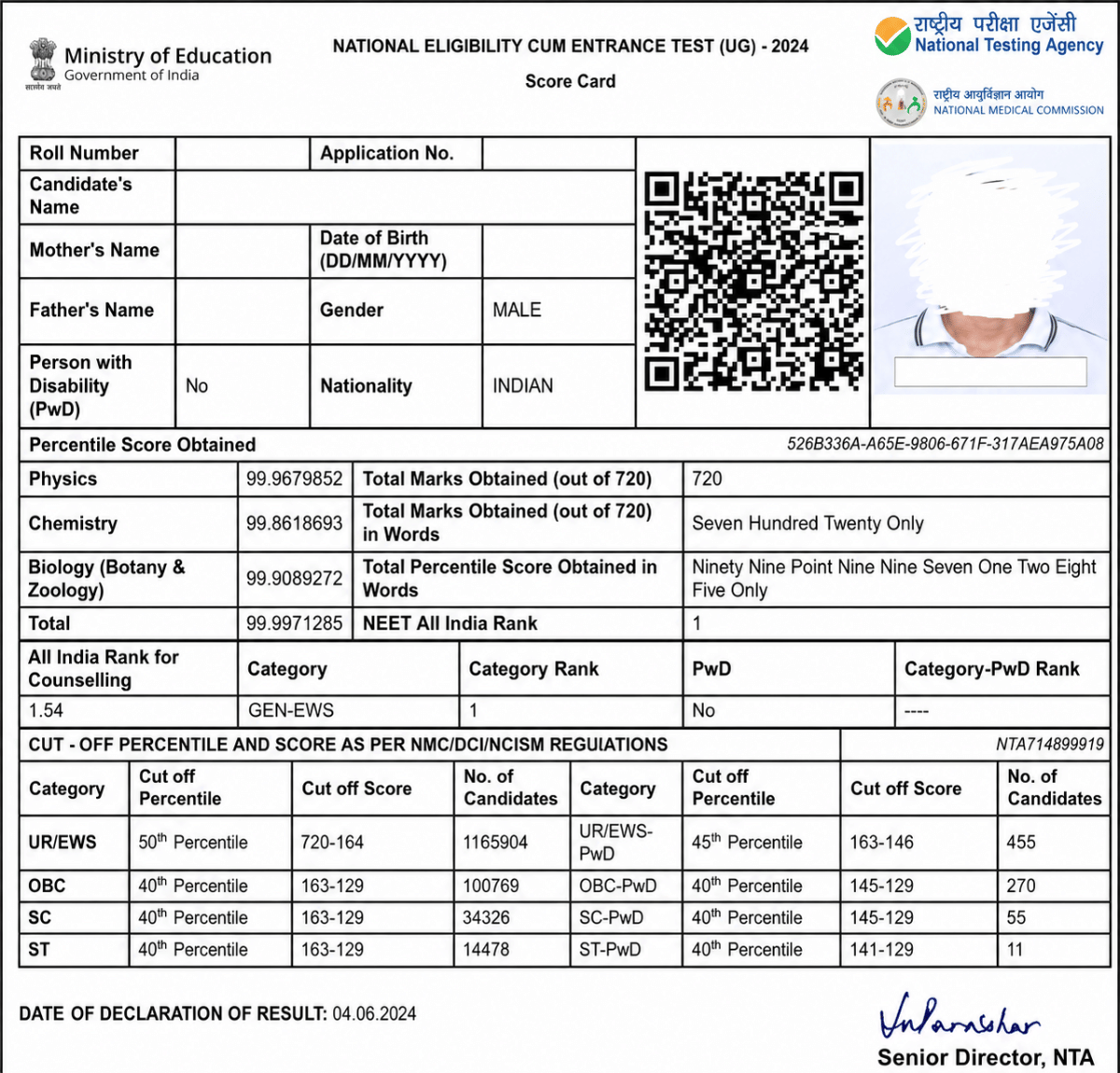 Given below is the NEET scorecard image for candidates' reference:
