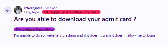 NEET Admit Card Download Issues Reported by Candidates on Reddit