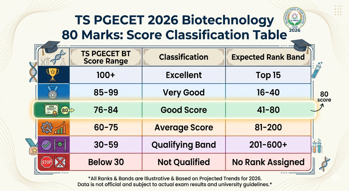 TS PGECET 2026 Biotechnology 80 Marks: Score Classification Table