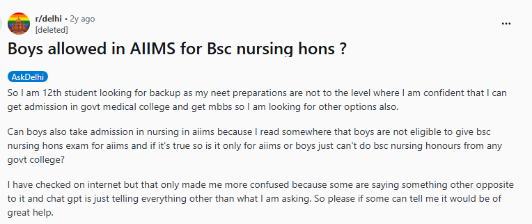 Reddit Discussion: Are Boys Eligible for AIIMS BSc Nursing?