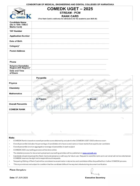 Sample COMEDK Rank Card