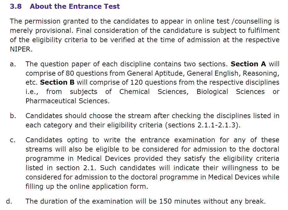 NIPER JEE Exam Pattern 2027 for PhD Programs