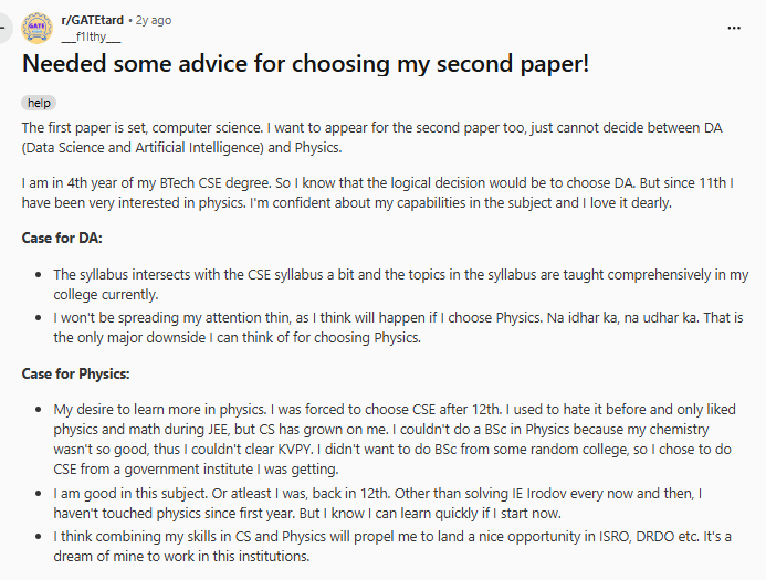 What do students suggest for the GATE Paper 2 Combination? — Reddit Discussion