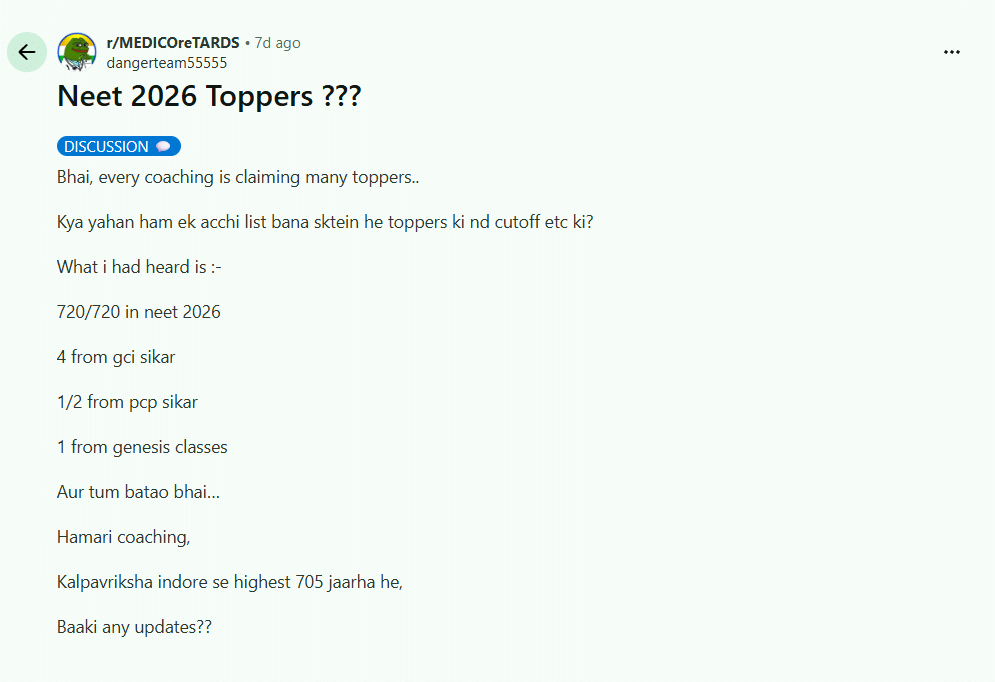 NEET 2026 Expected Topper Marks : Reddit Discussion