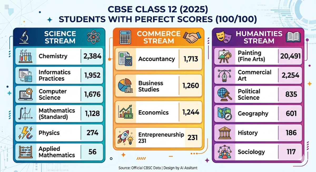 Stream-wise 100/100 Scorer Trends from CBSE 2025