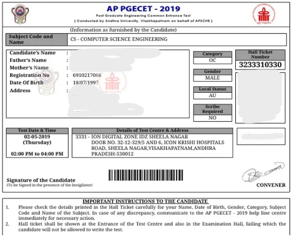 Sample Image of AP PGECET Admit Card