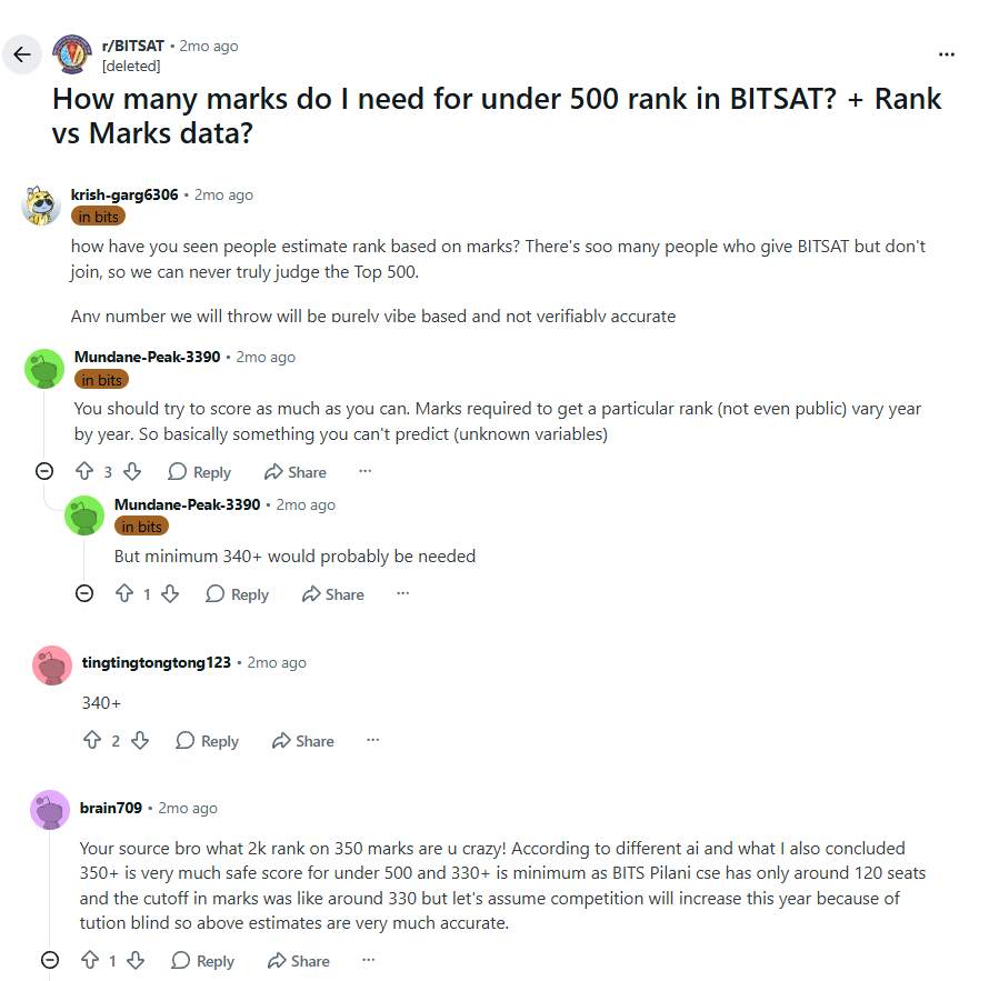 Top 500 Rank in BITSAT Marks: Reddit Discussion