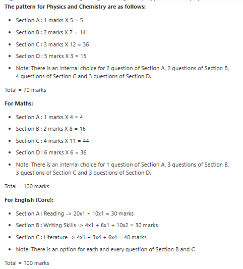 CBSE Class 12 Subject-wise Exam Pattern 2027