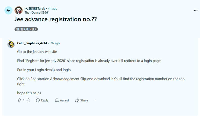 How to Check JEE Advanced Registration Number? : Reddit Discussion 