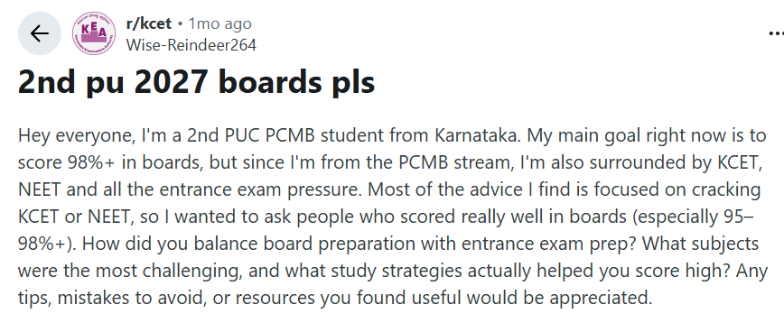 A Reddit user asked for help to score good marks in the 2nd PUC Board.