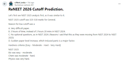 NEET Previous Year Cutoff 2025 vs Expected 2026 for MBBS BDS – Reddit Discussion