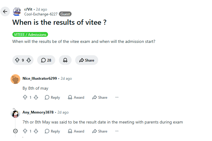 VITEEE 2026 Results Date & Time: Reddit Discussions