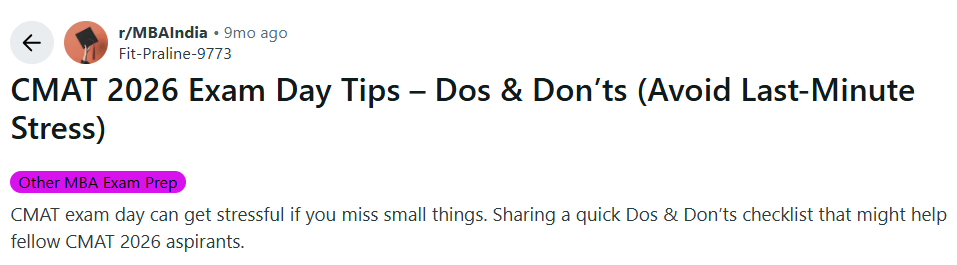 Students must check a Reddit discussion on CMAT exam day tips shared below.