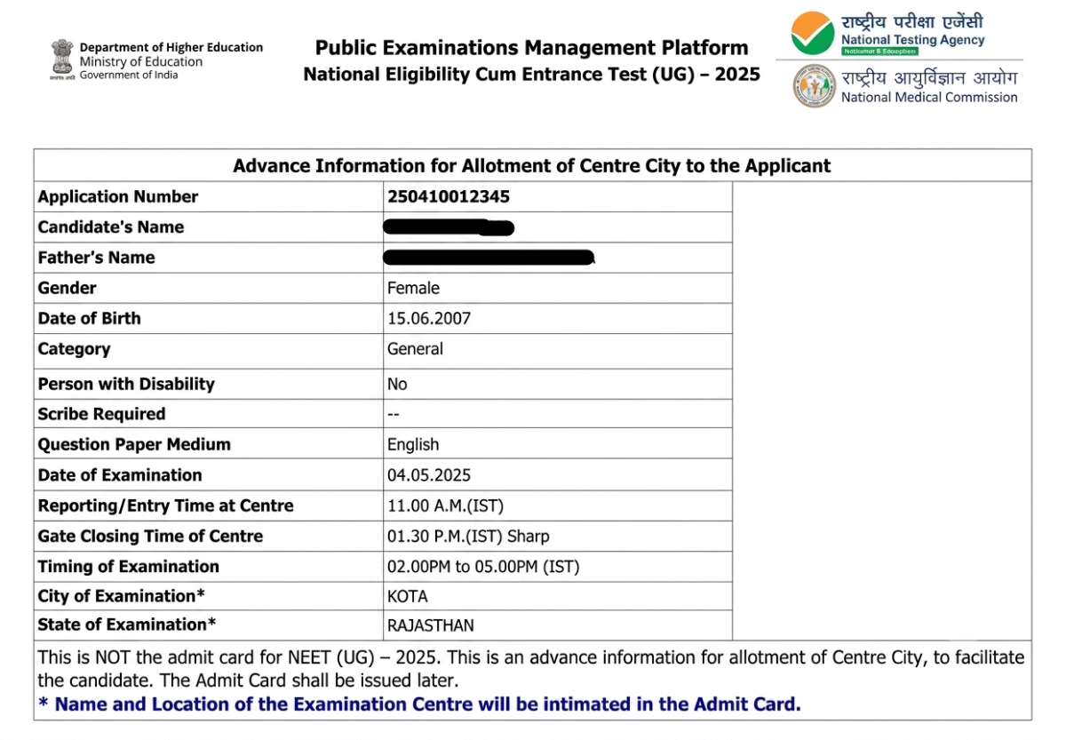 NEET UG 2026: City Intimation Slip