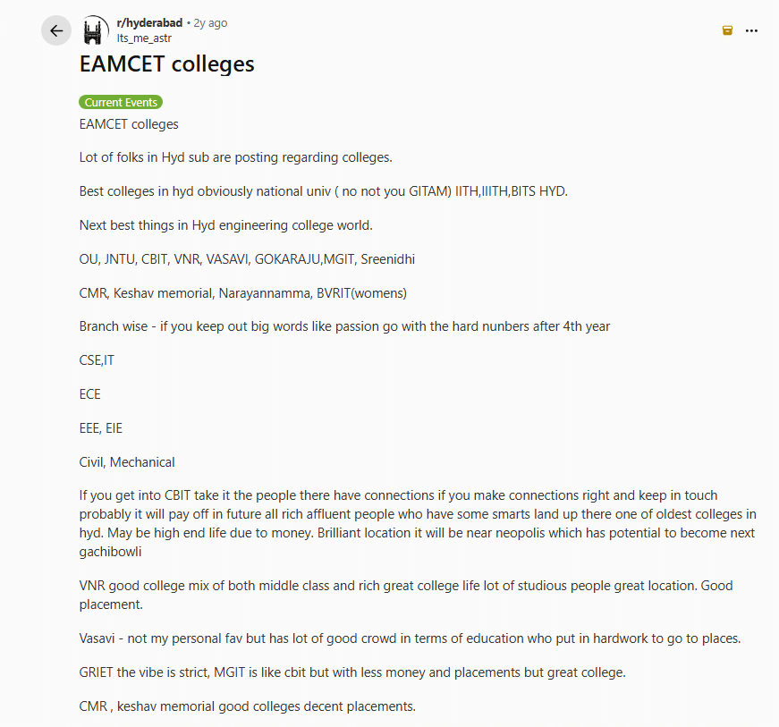 TS EAMCET 2026 Low Rank Colleges: Reddit Discussions