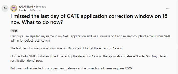 Application Correction Window GATE 2027 — Reddit Discussion