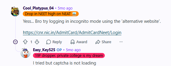 NEET Admit Card Download Issues Reported by Candidates on Reddit