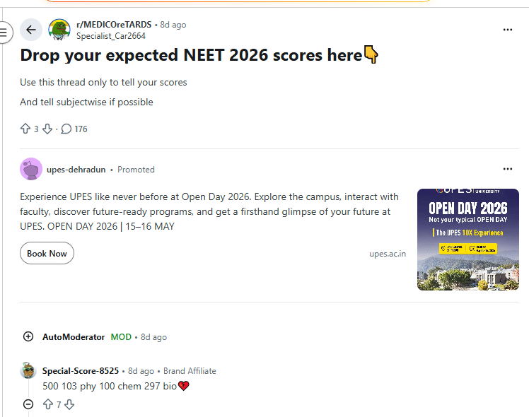 NEET 2026 Scorecard: Reddit Discussion