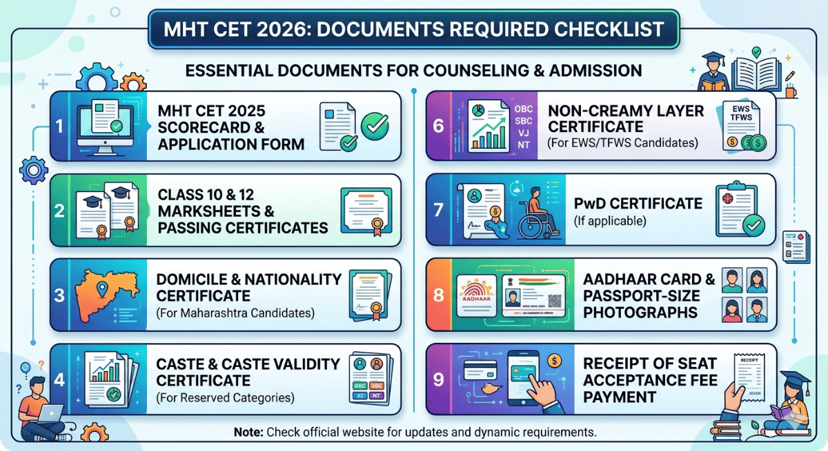 The MHT CET 2026 Documents required are: