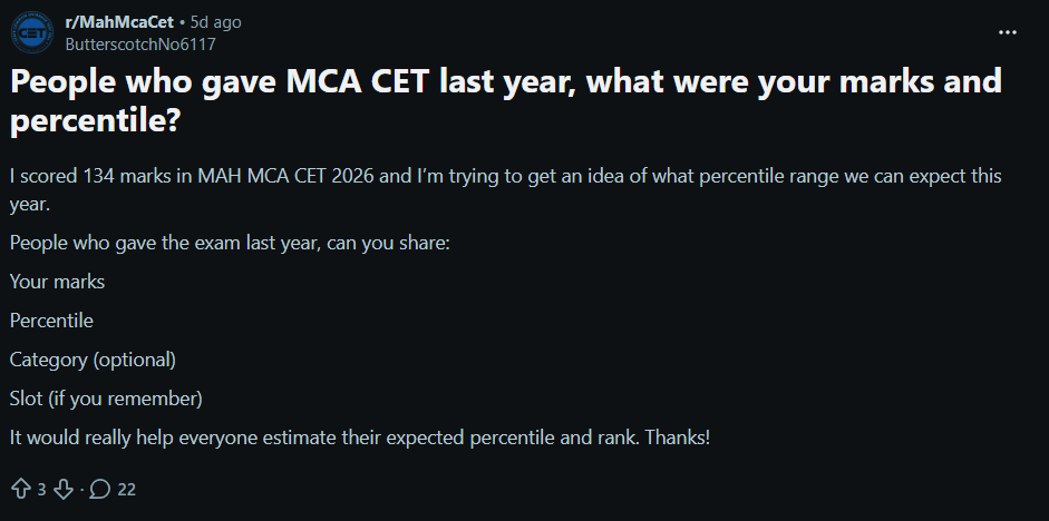 MAH MCA CET 2026 Pass Percentage : Reddit Discussion