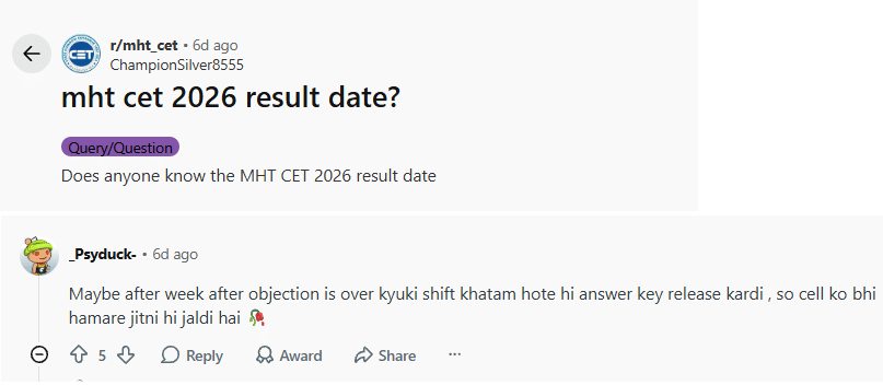 MHT CET Results Date 2026 PCM: Reddit Discussion