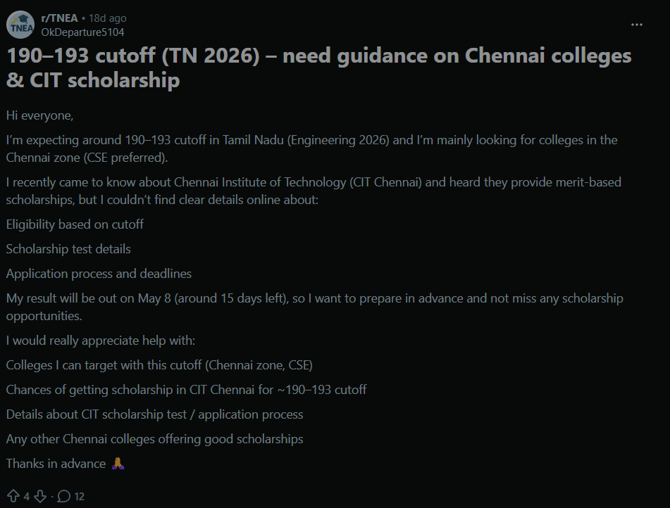 TNEA 2026 Colleges Cutoff Marks : Reddit Discussion