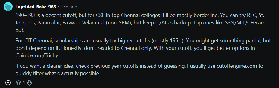 TNEA 2026 Colleges Cutoff Marks : Reddit Discussion