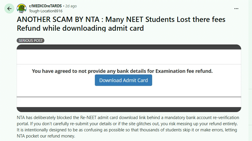 NEET 2026 Re-Exam Refund Update: Reddit