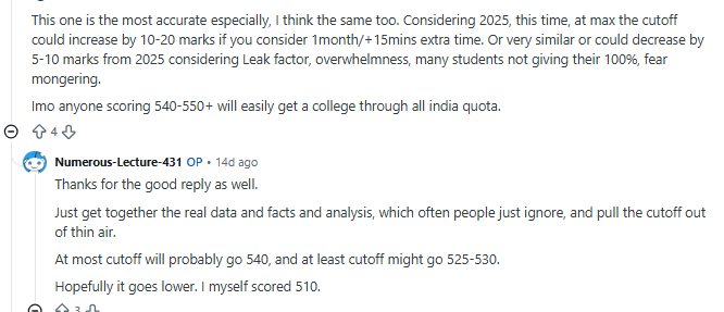 Re NEET 2026 Cutoff for Top Government Colleges — Reddit Discussion