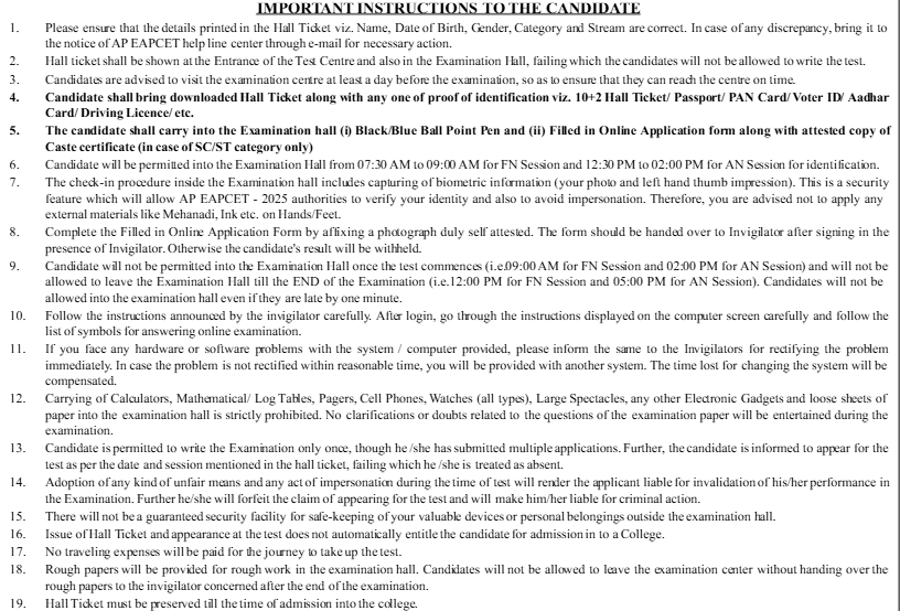 A sample AP EAMCET admit card page showing important instructions is given below: