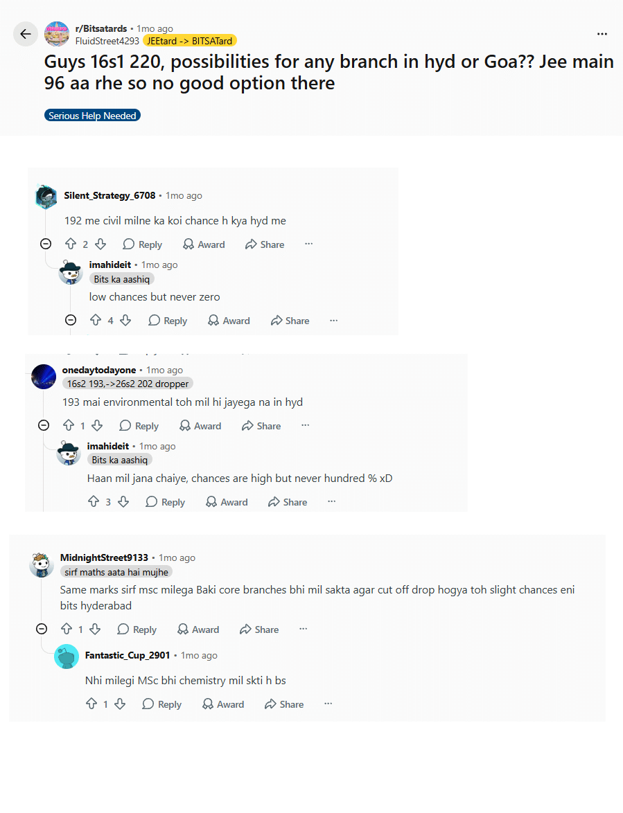 BITSAT 2026 Marks vs Branch: Reddit Discussion