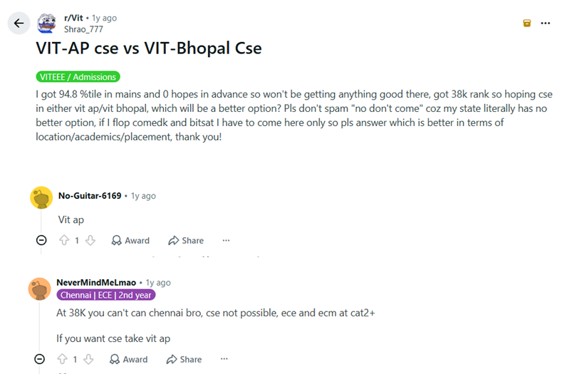 CSE at VIT Bhopal vs VIT AP: Reddit Discussions