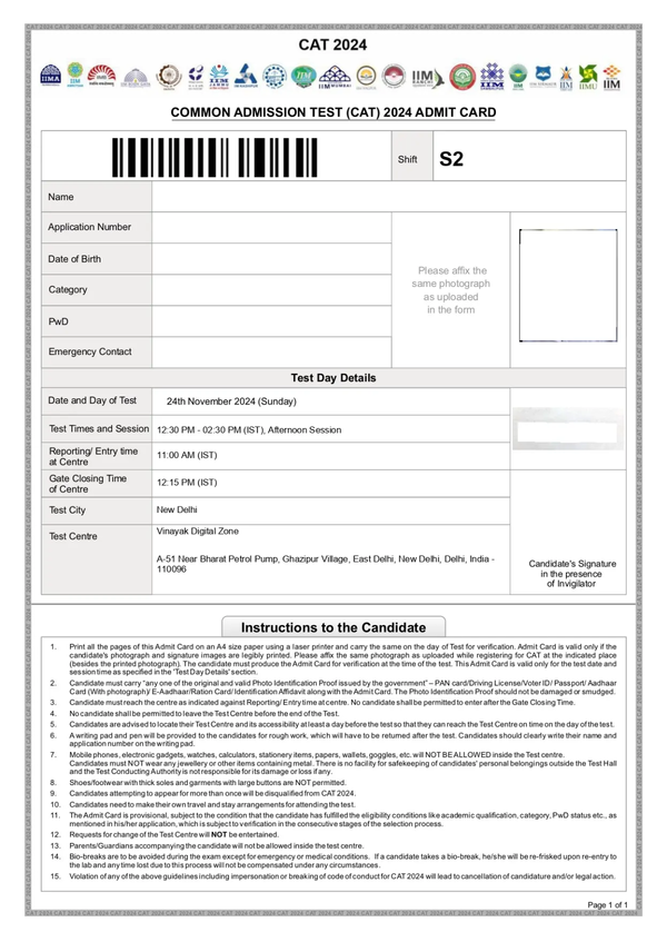 CAT Admit Card Sample