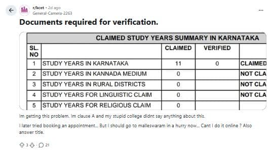 Document Verification for KCET 2026 counselling: Reddit Discussions
