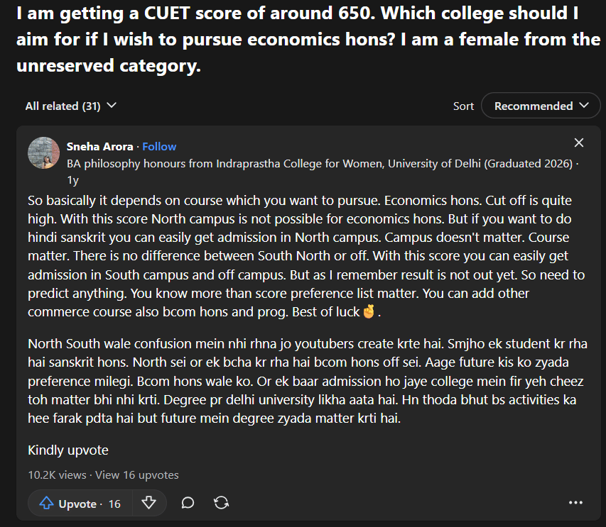 CUET UG 2026 Economics Marks vs Expected Percentile: Quora Discussion