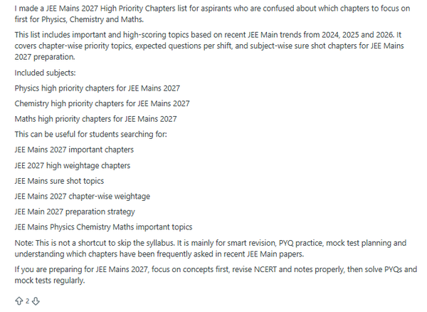 What are Most Important Topics for JEE Mains 2027? — Reddit Discussion
