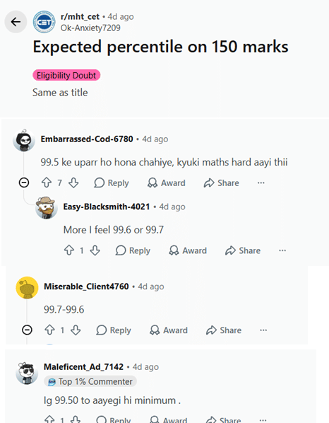 Expected Percentile for 130-150 Marks in MHT CET PCM: Reddit Discussion