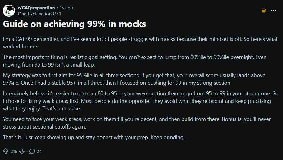 CAT Mock Test Strategy for 99+ Percentile: Reddit Discussion