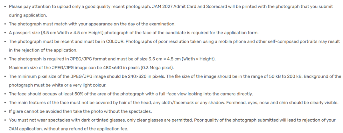 IIT JAM 2027 Photo Requirement Specification