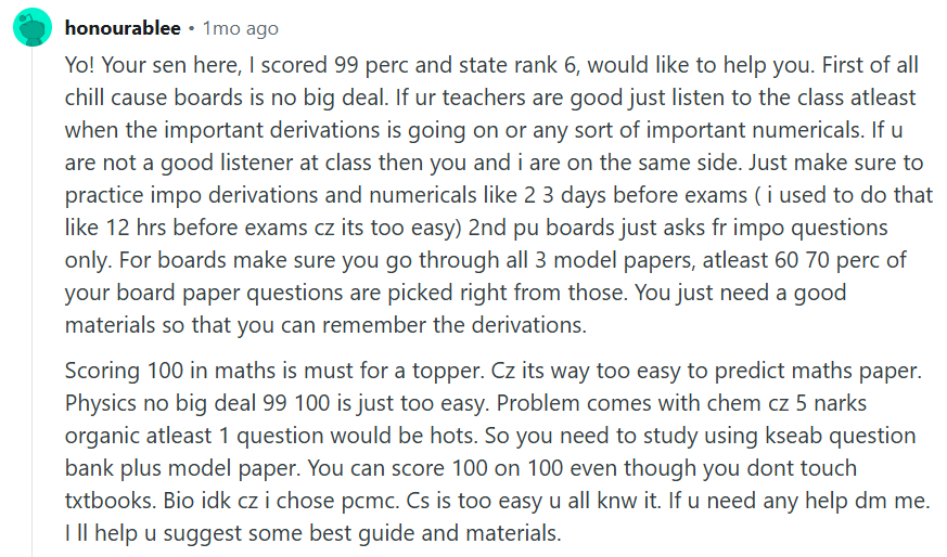 A Reddit user asked for help to score good marks in the 2nd PUC Board.